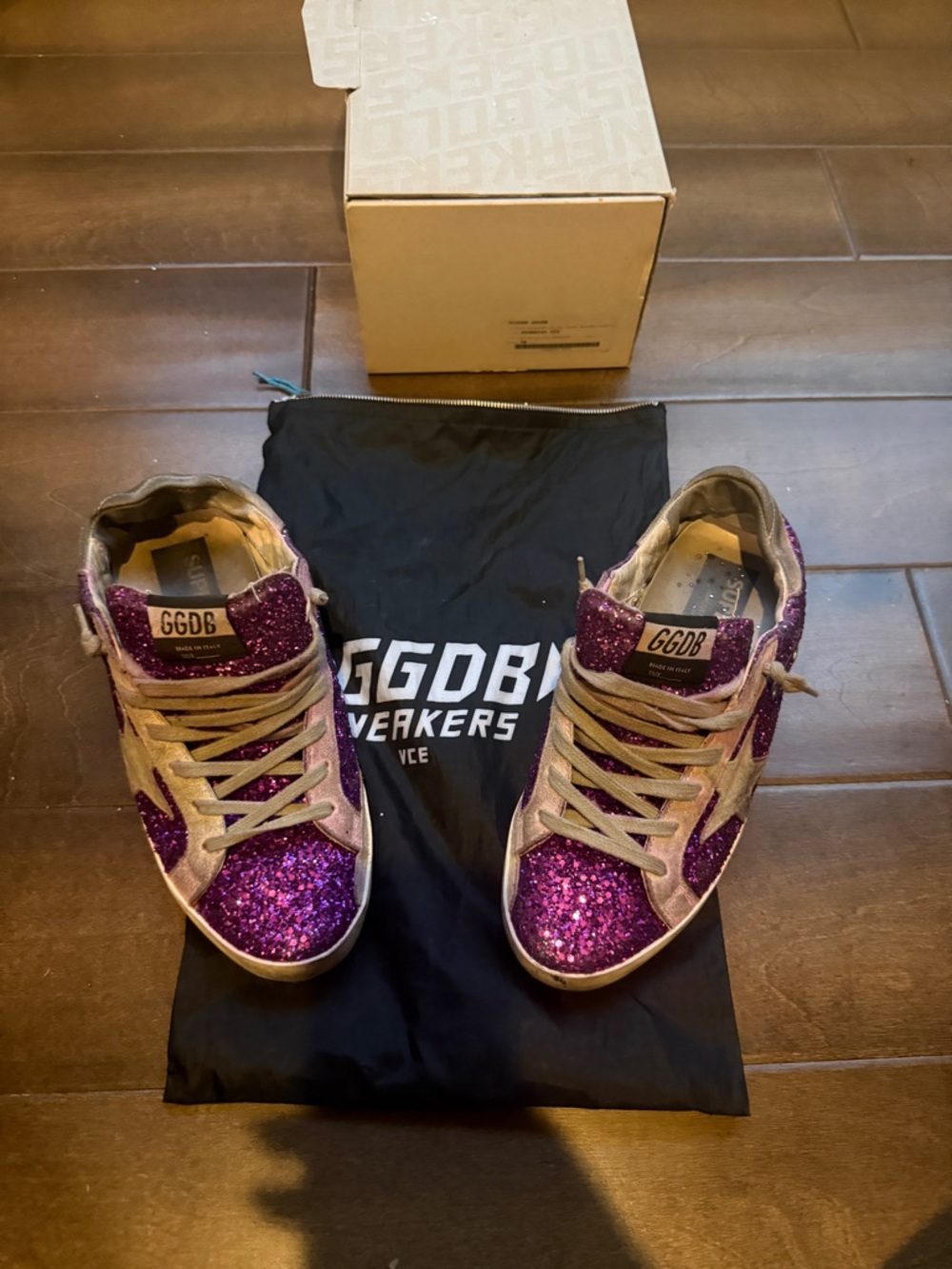 Authentic Golden Goose Purple Glitter White & Tan Low-Top Sneakers